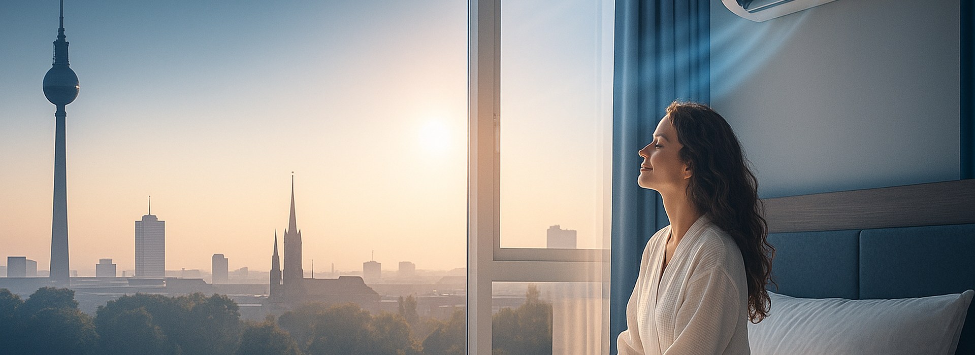 Berlin Skyline, Klimagerät, Frau auf dem Bett – Klima-Berlin24